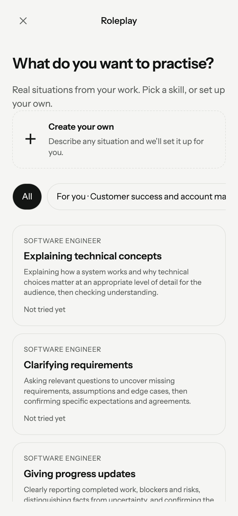 Live development app: roleplay scenario selection.